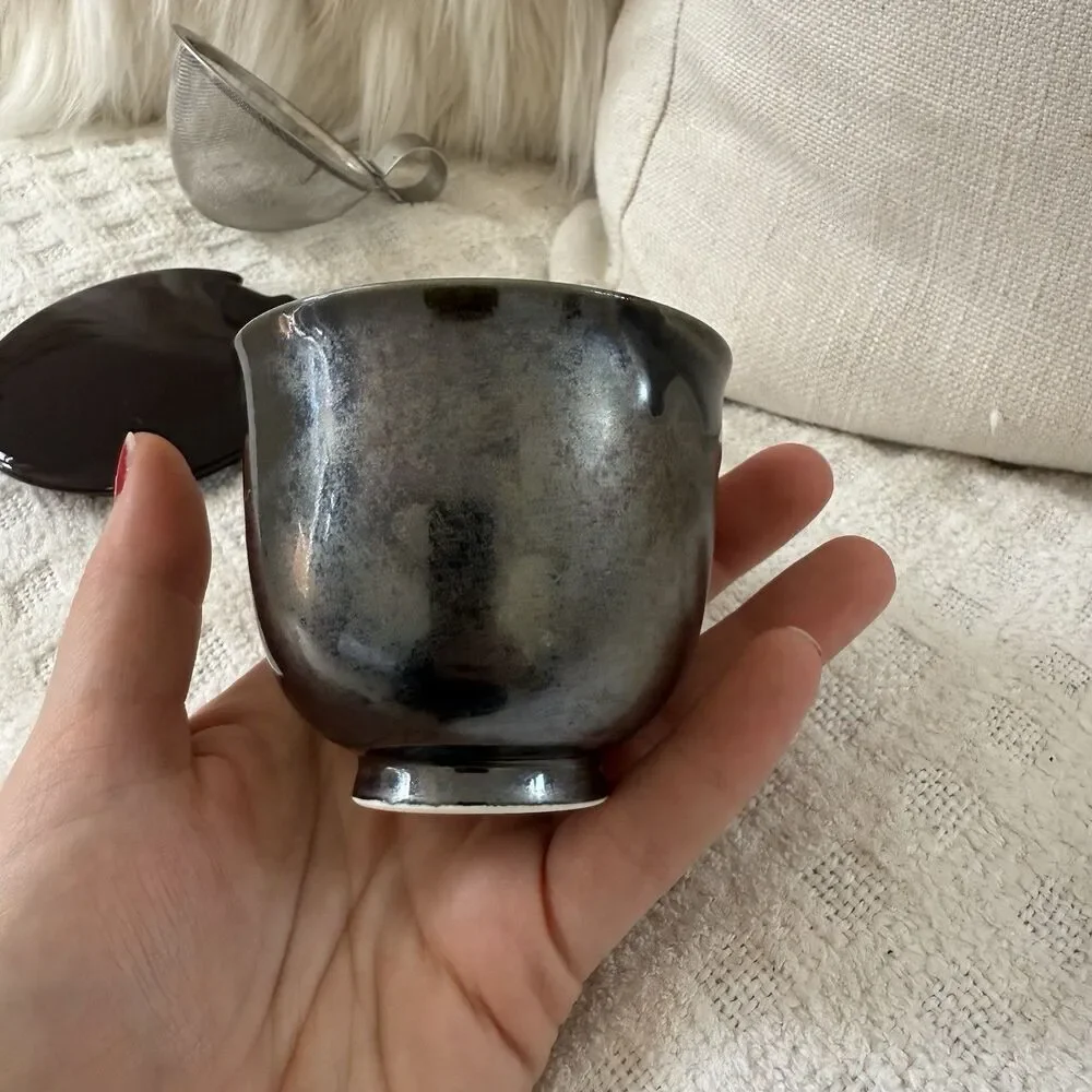 Teavana Japanese Tea Cup Set of 2 Bronze Oil Slick Metallic Ibushi Smoky Japan